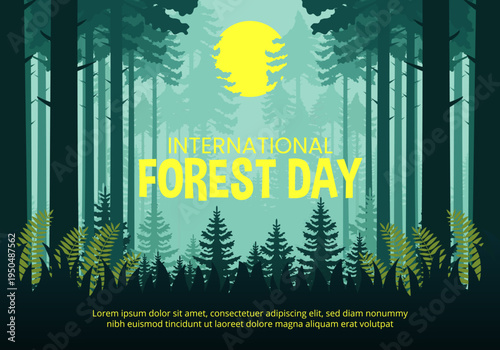 International Forest Day Vector Poster with Forest Trees and Moon in Flat Design
