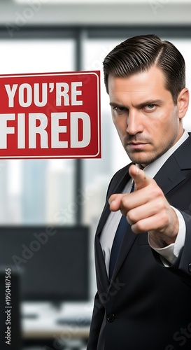 Stern executive points forward next to a red termination notice sign in an office setting
