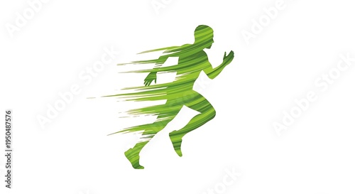 A stylized silhouette of a person running fast featuring dynamic green brush stroke textures