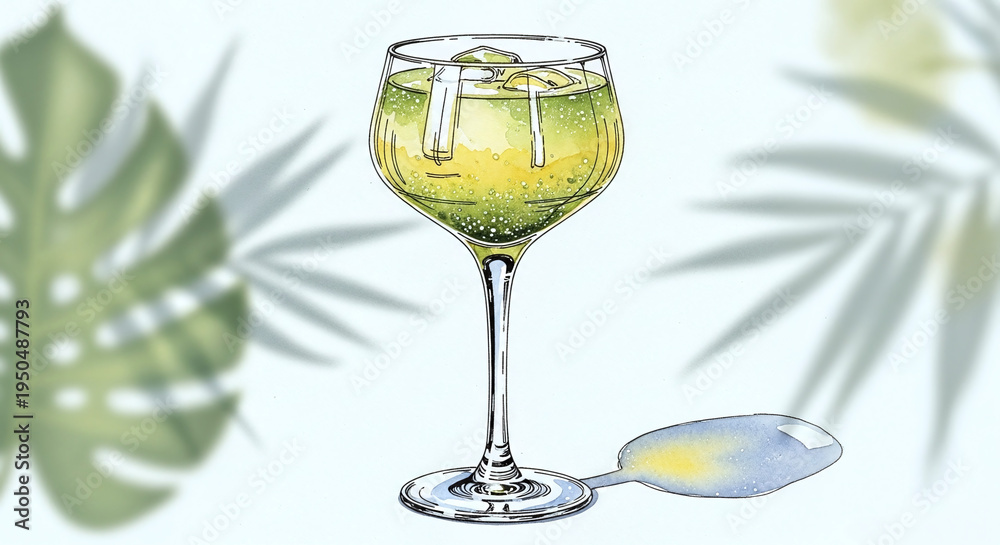 Fototapeta premium watercolor illustration of green cocktail with ice and copy space for text, fresh organic smoothie with bubbles and tropical palm leaf shadows, healthy drink concept on blurred background