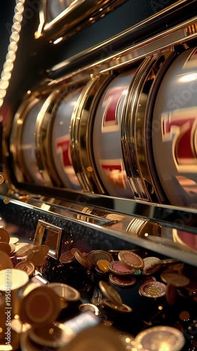 Spin on the slot machine with coins and chips falling in a casino at night