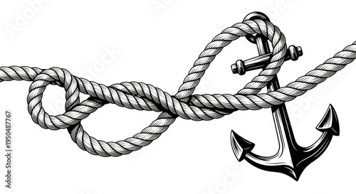 Black and white illustration of anchor and nautical rope on a white backdrop