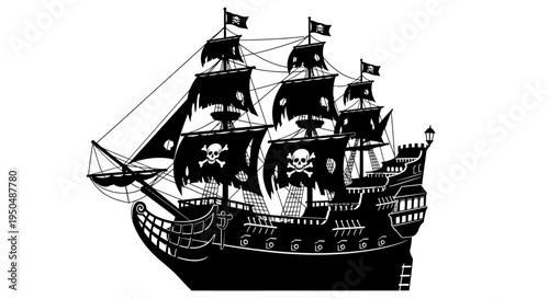 Black silhouette illustration of a pirate ship with skull and crossbones flags