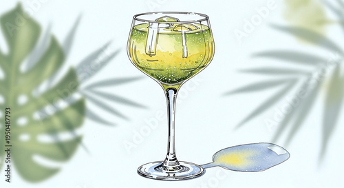 watercolor illustration of green cocktail with ice and copy space for text, fresh organic smoothie with bubbles and tropical palm leaf shadows, healthy drink concept on blurred background