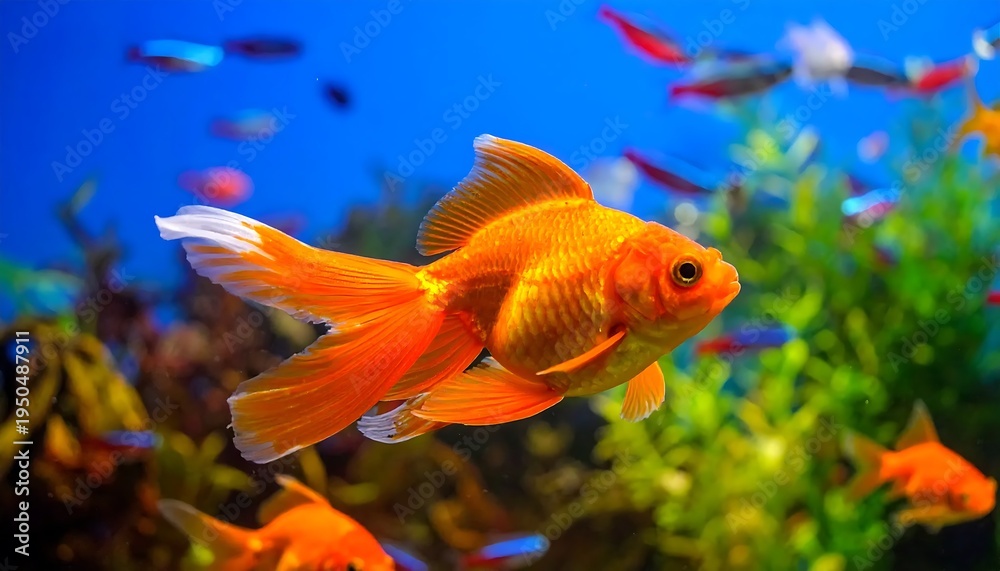Obraz premium Vibrant orange goldfish swimming aquarium water.