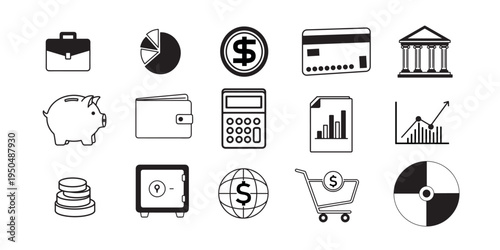 Business and finance vector icon set featuring money, banking, investment, and financial analytics elements isolated on white.