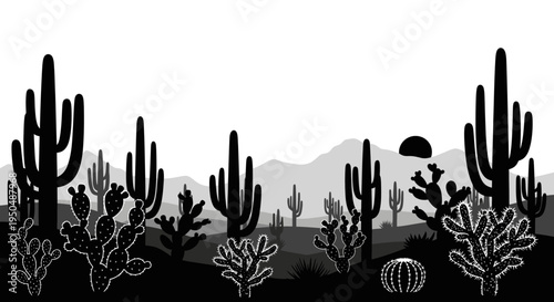 Desert landscape silhouette with cacti and sun against white sky background