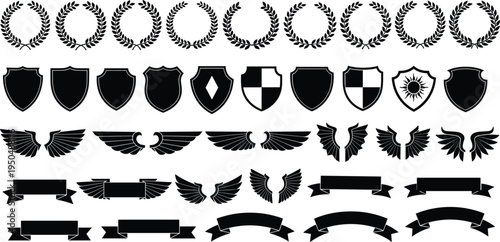 Huge collection of heraldic black silhouettes featuring laurel wreaths shields wings and ribbon banners isolated on white background for premium logo and emblem vector design.