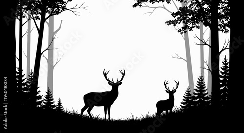 Silhouette of two deer in forest setting against white background
