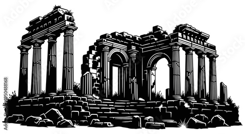Ancient ruins illustration black and white depiction of historic architecture