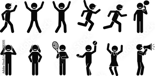 Human stick figure activity icons set showing walking running cheering speaking tennis playing and communication actions simple black silhouette vector people symbols
