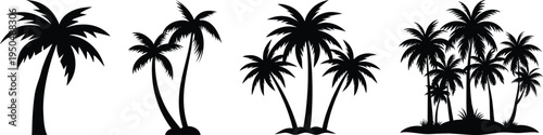 Tree silhouette vector set includes various tree types, palm, oak, and more. Perfect for nature designs, landscaping, and botanical illustrations