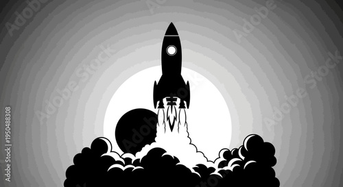Rocket launching into space against sun silhouette black and white illustration