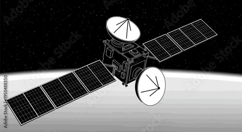 Satellite illustration in monochrome orbiting earth depicting space technology