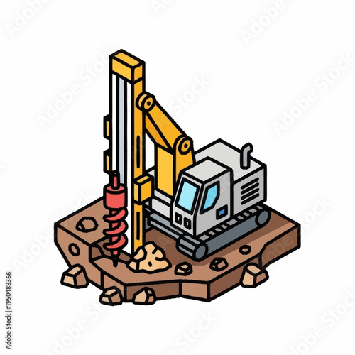 Isometric drilling machine excavating earth with auger bit.
