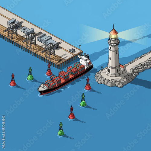 Container Ship Navigating Through Harbor Entrance with Buoys and Lighthouse.