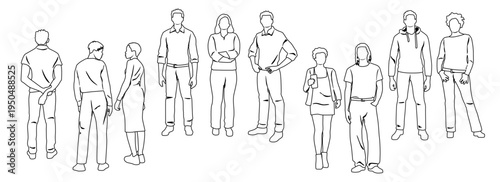 Hand drawn silhouettes of standing men and women, collection of young people, front and back views, linear sketch, couples, profile, vector image, black color, isolated on white background