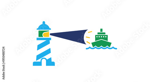 Lighthouse guiding ship by light beam.