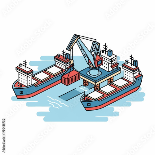 Industrial Ships and Crane in Harbor Loading Cargo.