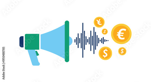 Megaphone with sound waves and currency.