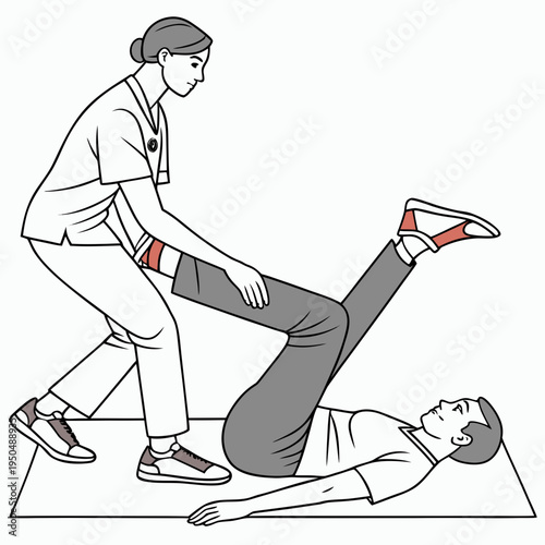 A female physiotherapist assisting a male patient with a leg exercise on a mat