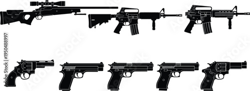 Collection of rifle and handgun silhouettes, military firearms set, isolated black weapon icons,