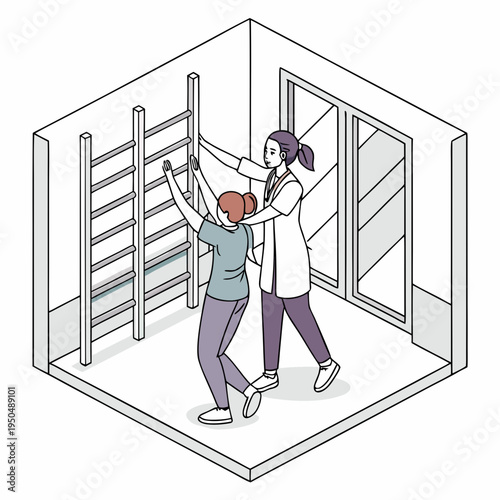 A physical therapist assisting a patient with exercises in a rehabilitation room with a ladder and bars