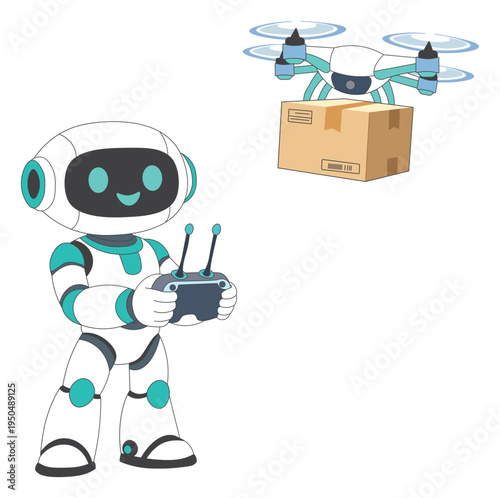 AI Robot Controlling Delivery Drone With Package