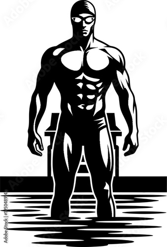 Muscular swimmer full body standing starting block stencil