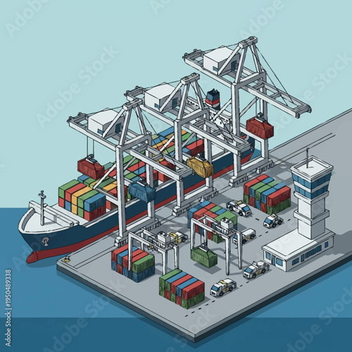 Container Ship Loading and Unloading at a Busy Port.