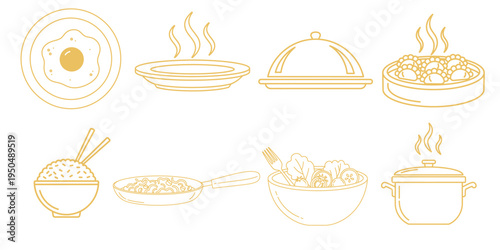 A collection of various food and dish illustrations in a simple line drawing style