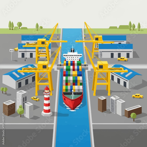 Container Ship Navigating Through a Busy Canal with Cranes.