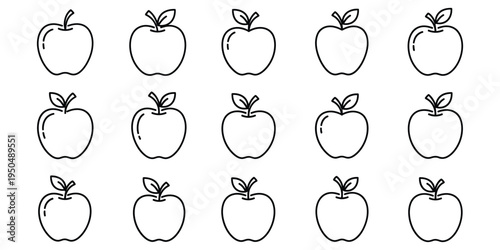 A collection of 15 simple line drawings of apples