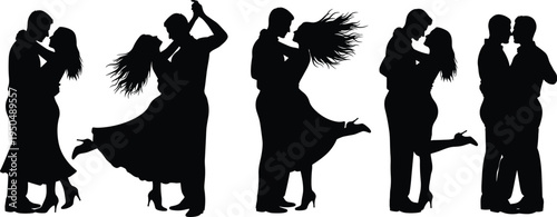 Romantic couple silhouettes dancing and kissing, love relationship poses, romantic partner embrace, wedding romance concept, dancing couple illustration