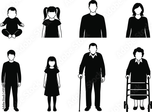 Silhouette of diverse family members in black and white