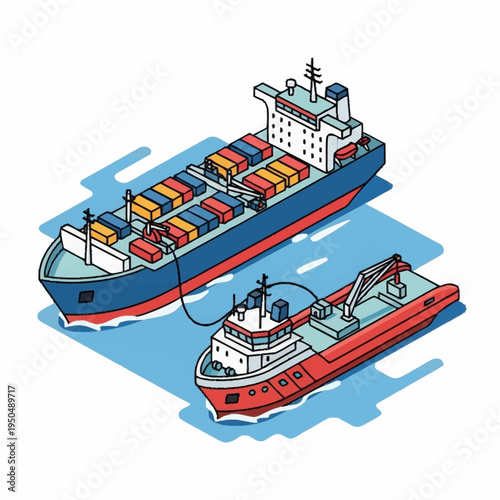 Container Ship and Tugboat Illustration.