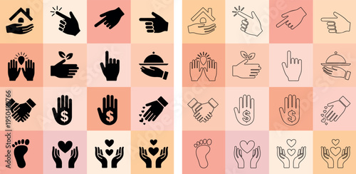 Hand Gestures and Charity Icon Set - Support, Care, Donation, and Pointing Finger Symbols in Solid and Outline Style.
