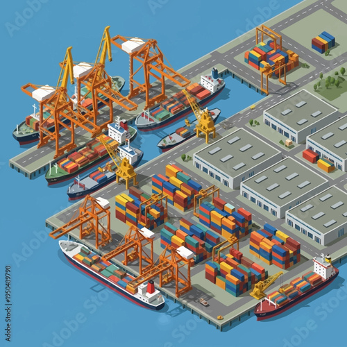 Isometric Container Port with Cranes and Ships.