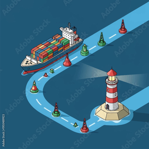 Container Ship Navigating Through Buoys Guided by Lighthouse.