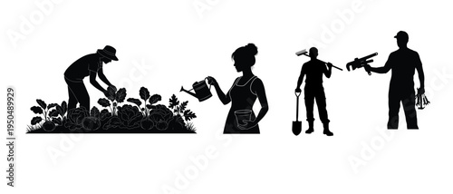 Four silhouettes of people engaging in gardening activities