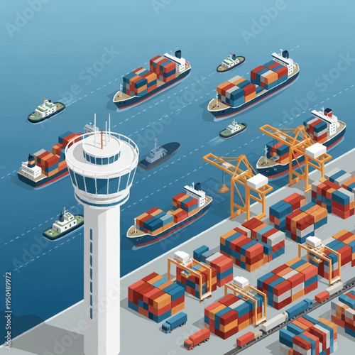 Isometric Container Port with Ships and Cranes.