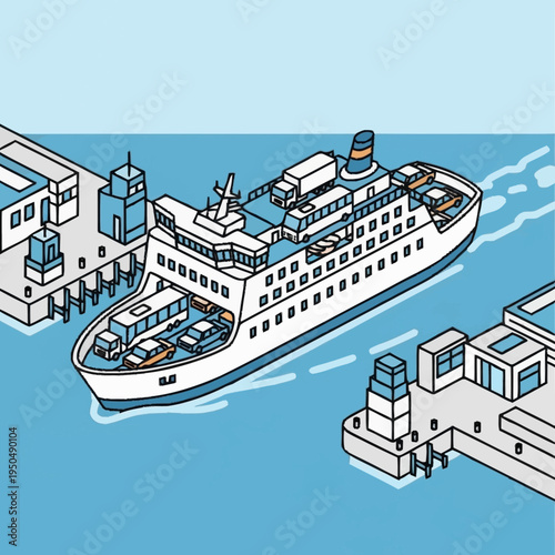 Large Ferry Boat Transporting Cars and Passengers at Dock.