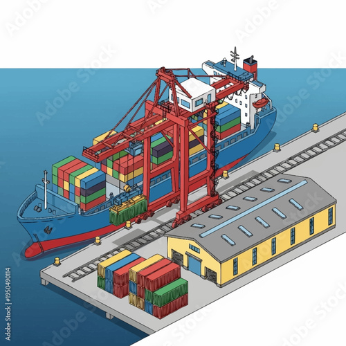 Container Ship Loading and Unloading at Port Terminal.