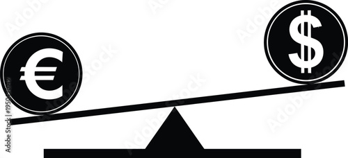 Balanced currency silhouette of euro and dollar on seesaw