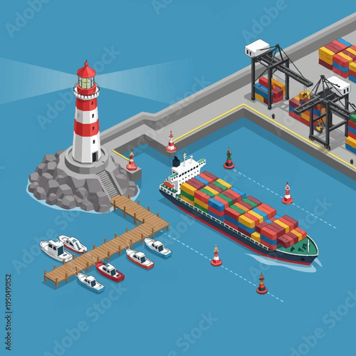 Container Ship Docked at Industrial Port with Lighthouse.