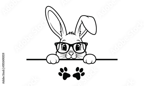 A cartoon rabbit wearing glasses peeking over a line with two paw prints below