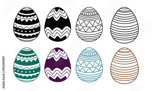 Colorful easter eggs with various patterns and designs for coloring