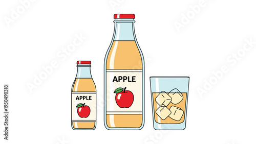 Bottles of fresh apple juice in two sizes standing next to a glass filled with the beverage and several ice cubes on a white background.