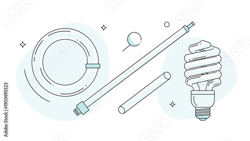 Group of energy efficient lighting options including circular, straight, and spiral fluorescent tubes and bulbs for domestic or office use.