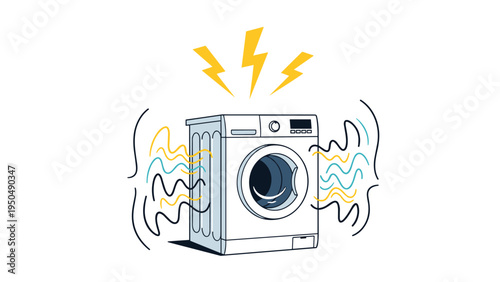 Washing machine shaking and making loud noise represented by wavy lines and yellow lightning bolts indicating an appliance malfunction or spin.